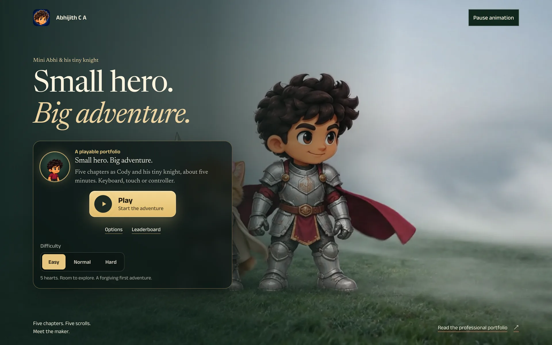 Playable portfolio start screen: the headline "Small hero. Big adventure." beside a cartoon boy in armour, with a Play button and Easy, Normal and Hard difficulty settings.