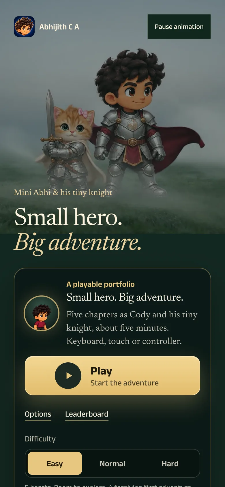 The start screen on a phone: the boy and his tiny knight, a cat in armour holding a sword, above the headline and the Play button.