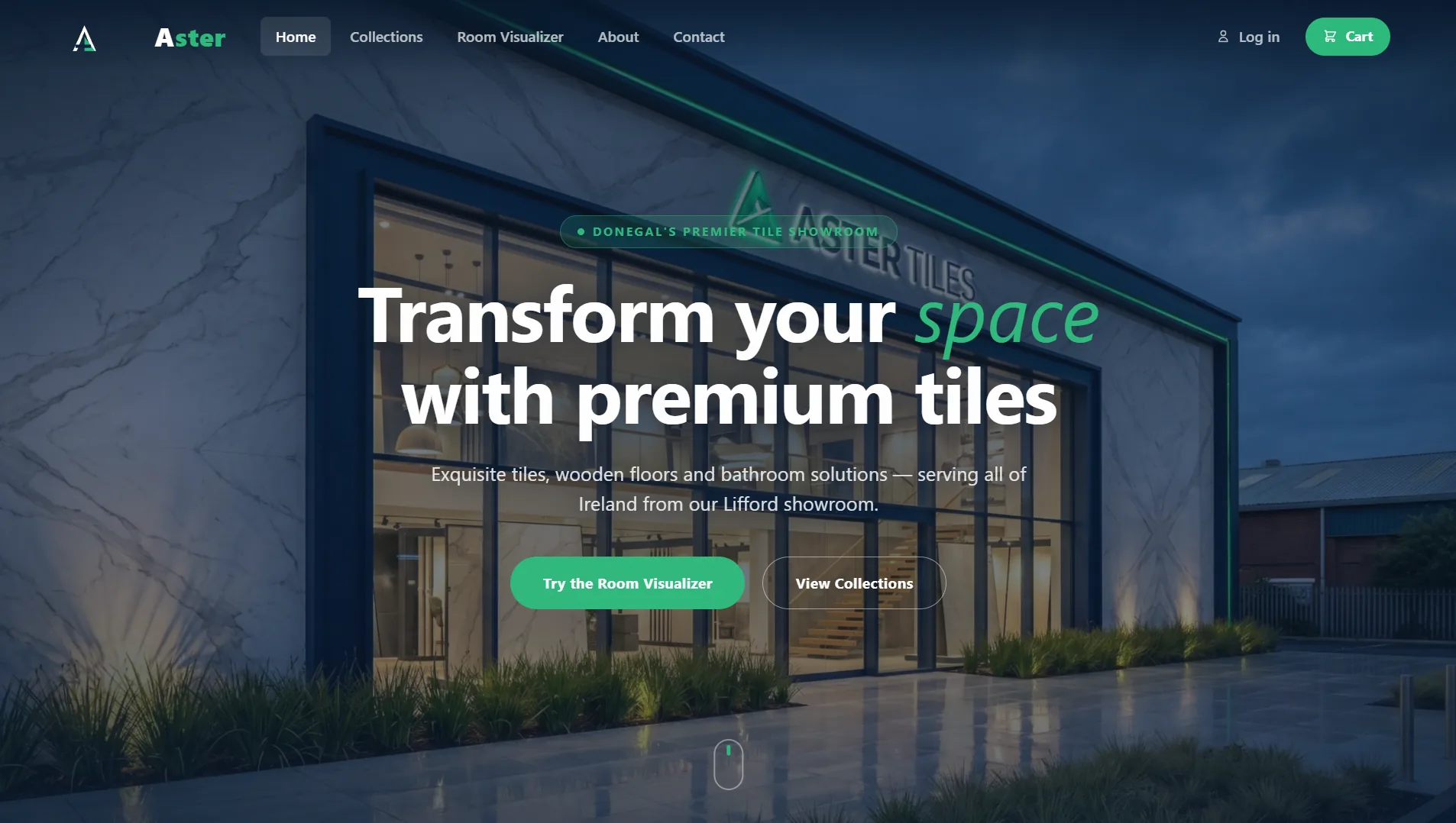 Aster Tiles home page: a tile showroom at dusk under the headline "Transform your space with premium tiles".