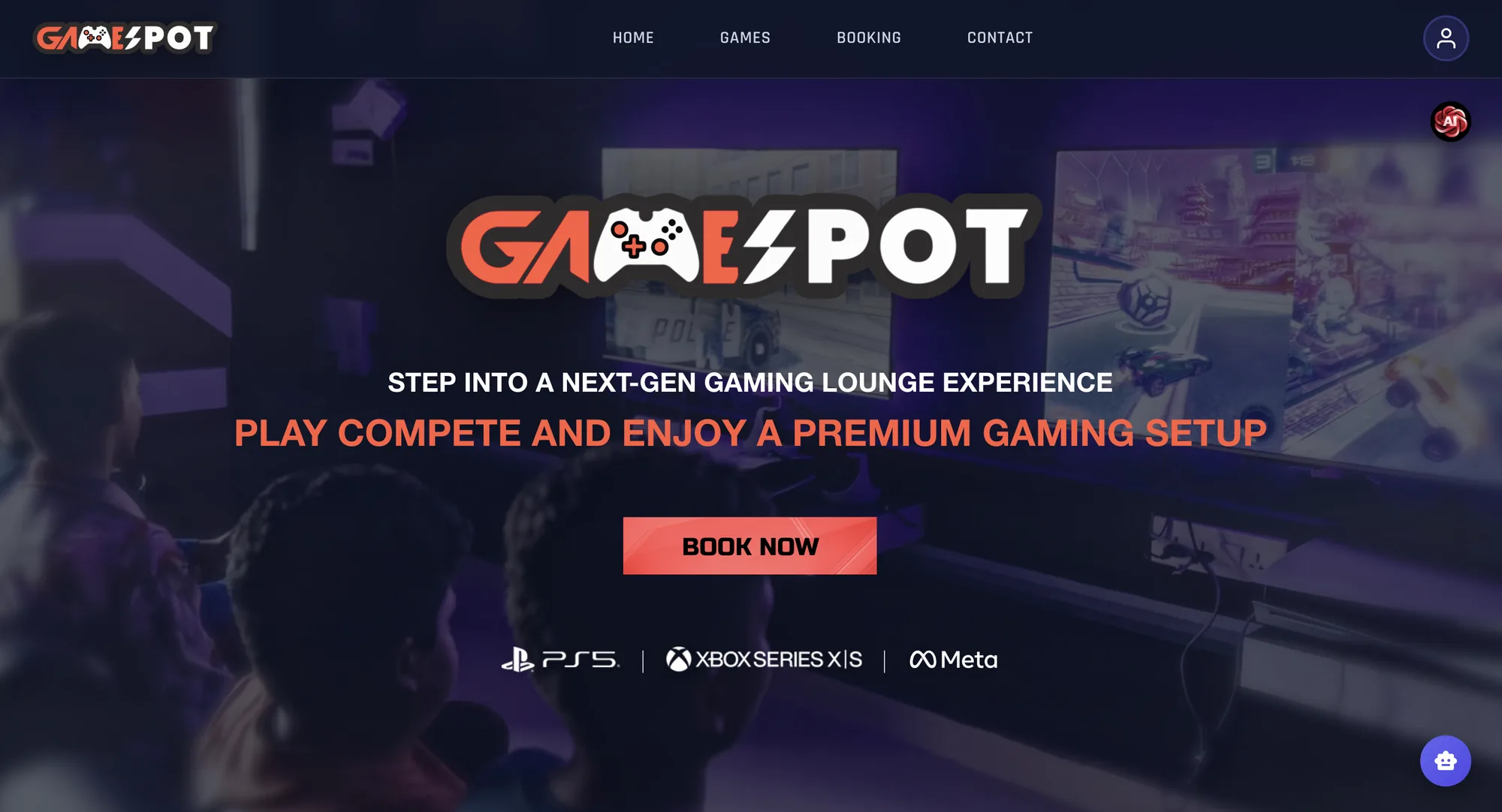 GameSpot booking page with a "Book now" button over a photo of the lounge.