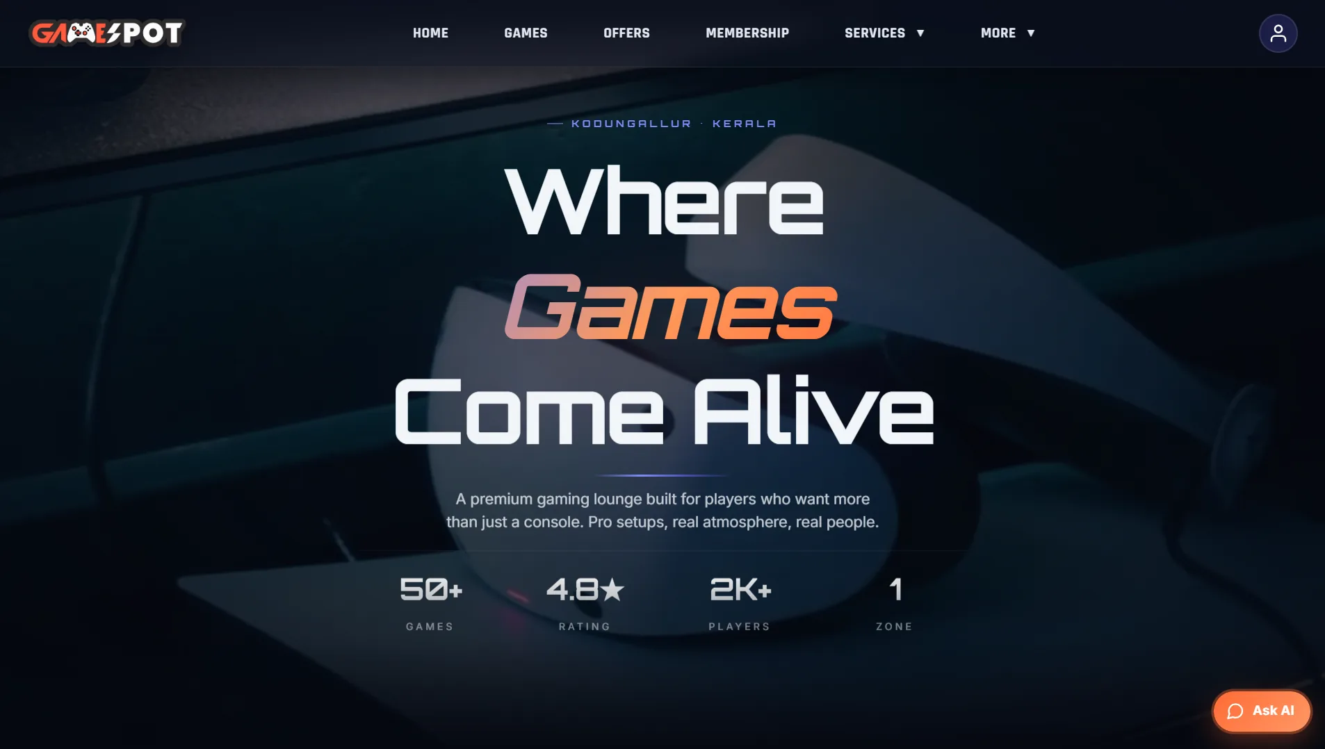 GameSpot home page with the headline "Where Games Come Alive" and the lounge’s location, Kodungallur, Kerala.