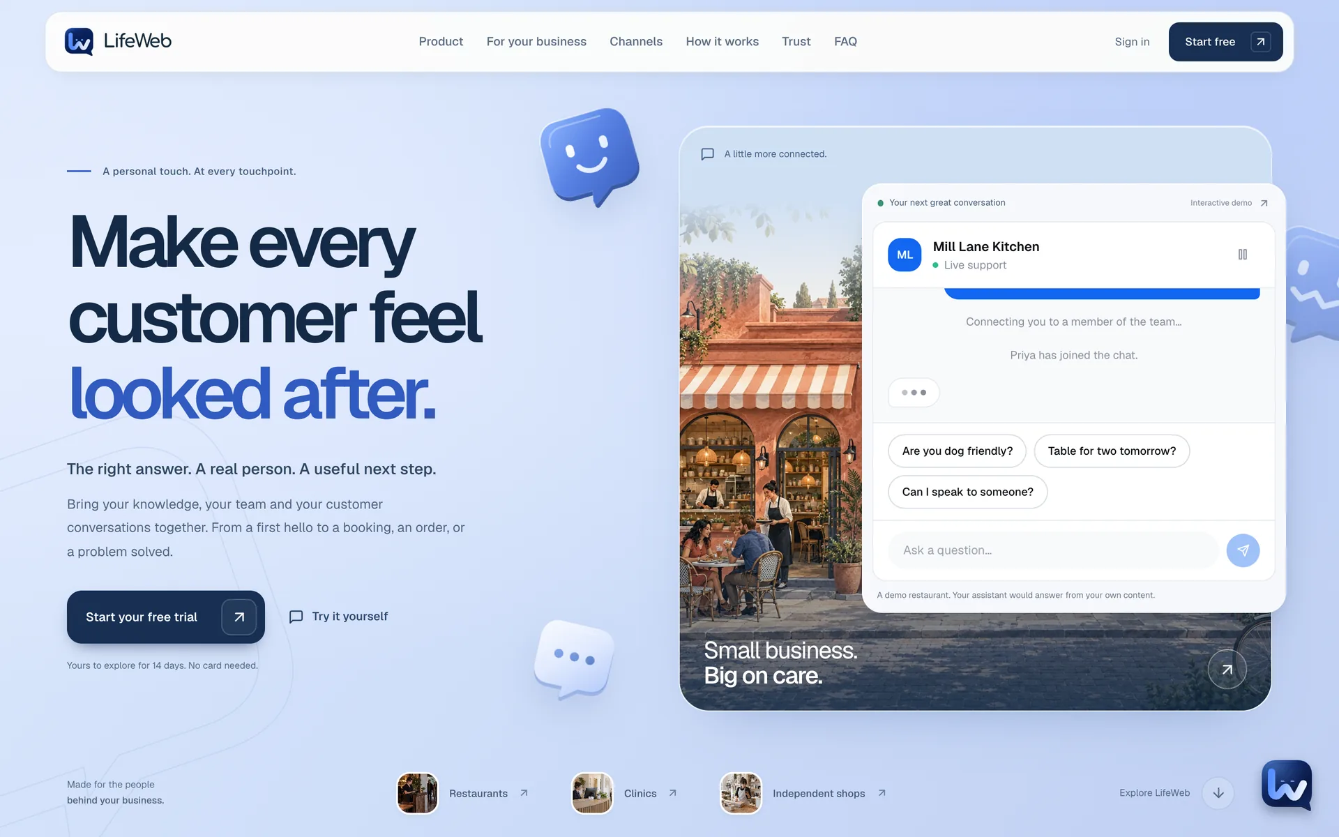 LifeWeb home page: the headline "Make every customer feel looked after" beside a demo chat for a restaurant, Mill Lane Kitchen, handing over to a member of the team.