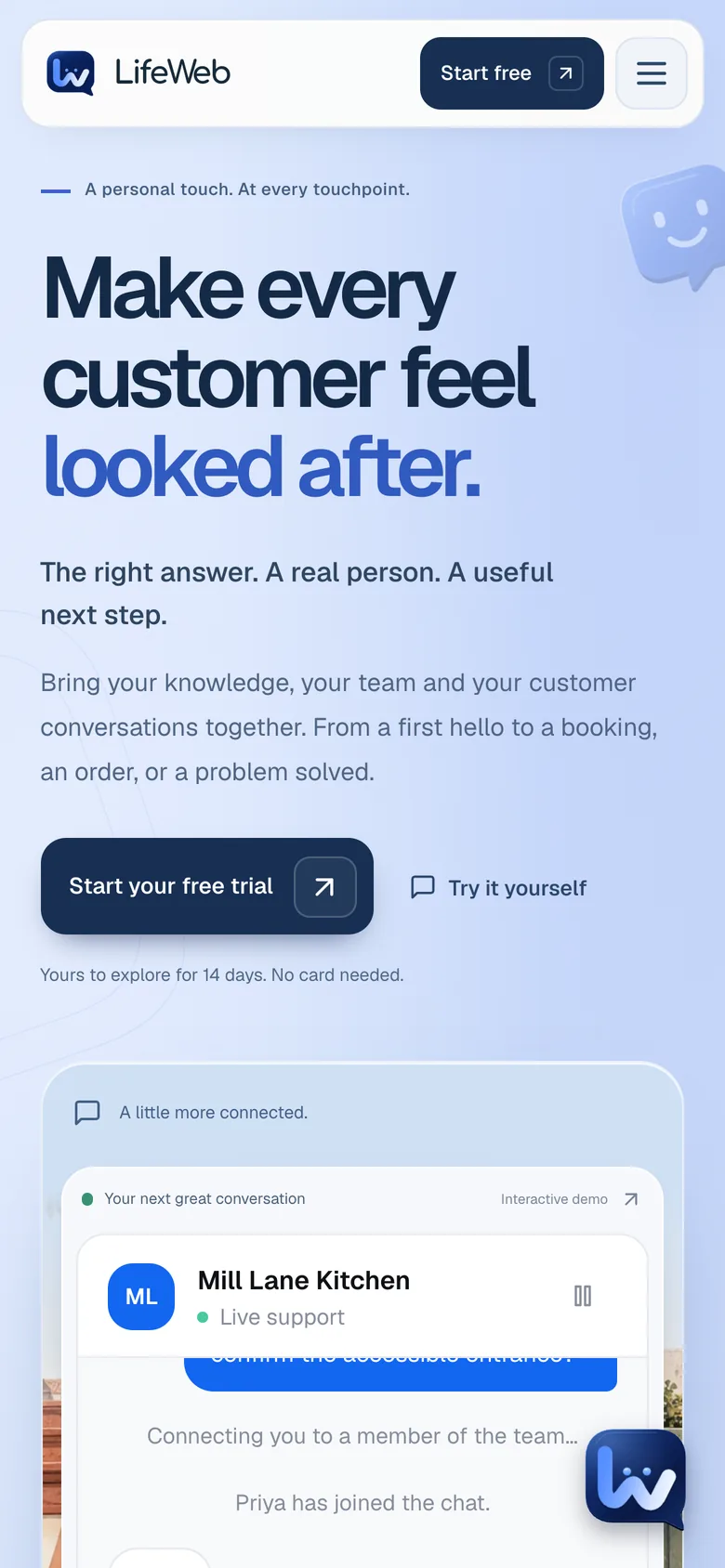 LifeWeb home page on a phone: the same headline over buttons to start a free trial or try it yourself, with the demo chat below.